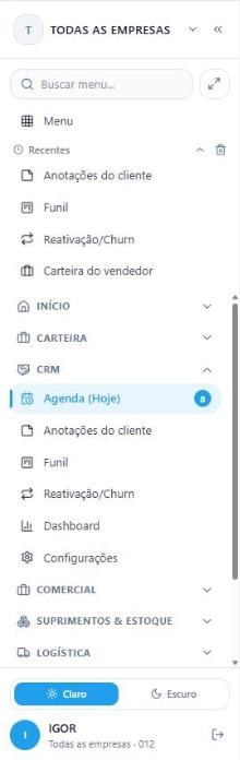 Menu lateral do ISOTEC